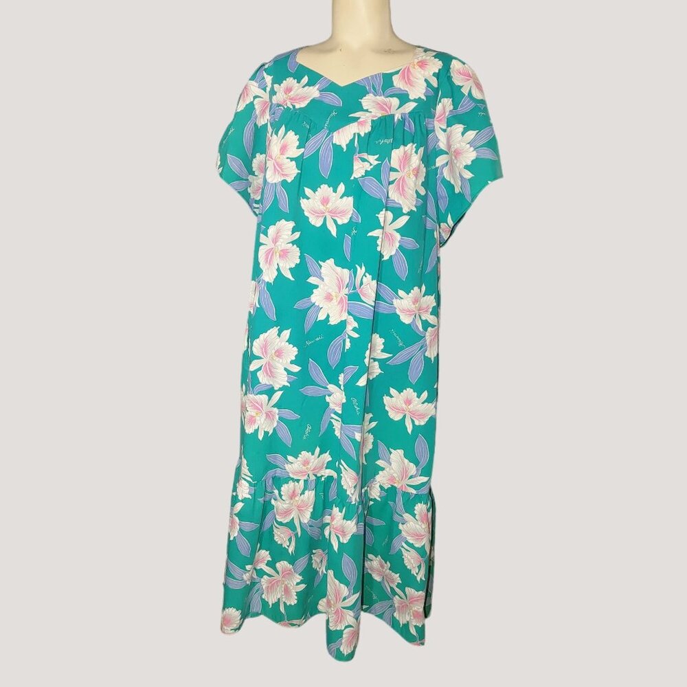 Jade Fashions Size Large Floral Hawaiian Dress Short Sleeve Hawaii Teal Pink